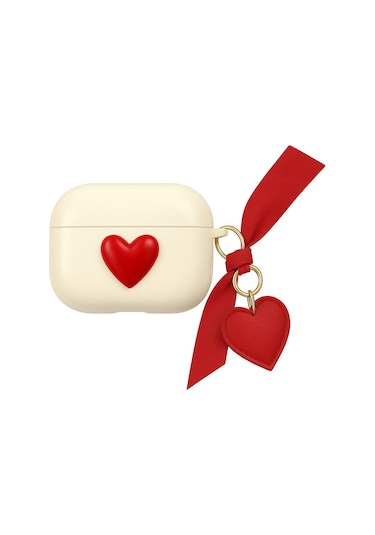 Apple Airpods Pro 1. / 2. Nesil İle Uyumlu Kılıf Kalp Leopar Taş Kiraz Desenli Fiyok Tutmalı Kılıflar Kırmızı
