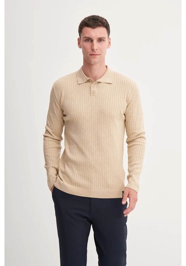 Cazador Premium Slim Fit Viskon Karışımlı Polo Yaka Bej Erkek Kazak 33210 Bej