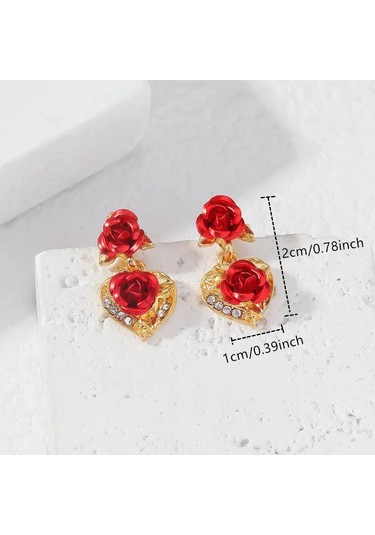 Elegance 3 Parça Altın Kalp & Gül Kolye Ve Küpe Seti Altın Kaplam Altın - Kırmızı