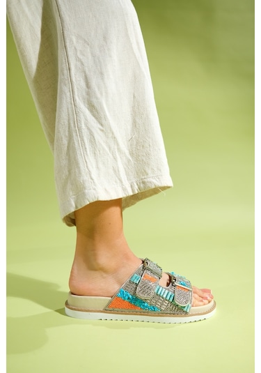 Luvishoes Lanso Bej Taşlı Çift Bantlı Kadın Terlik Bej