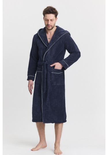 Mulberry Triga Erkek Bornoz %100 Pamuk Kapüşonlu Lacivert