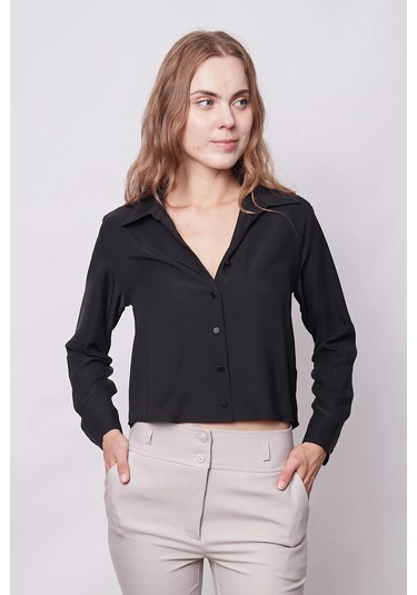 Kadın Likrasız Şık Kumaş Yakalı Uzun Kol Kısa Gömlek-siyah Siyah