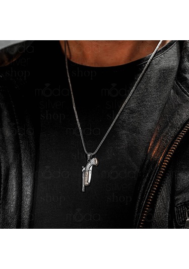 925 Ayar Gümüş Avcı Silahı Tasarım Açılır Kapanır Erkek Kolye Gümüş