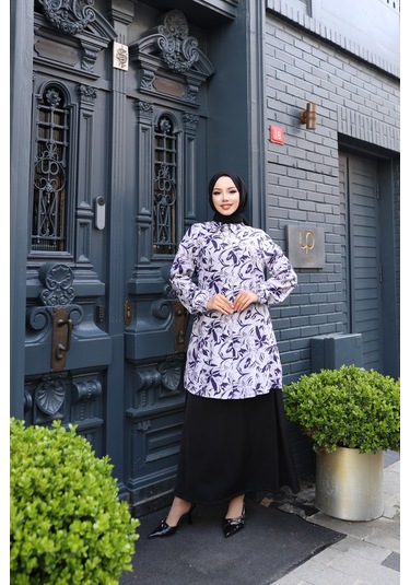 Kadın Mor Çiçek Desenli Pamuk Dokuma Kumaş Tunik Gömlek Etekli Takım Tk1412 Mor