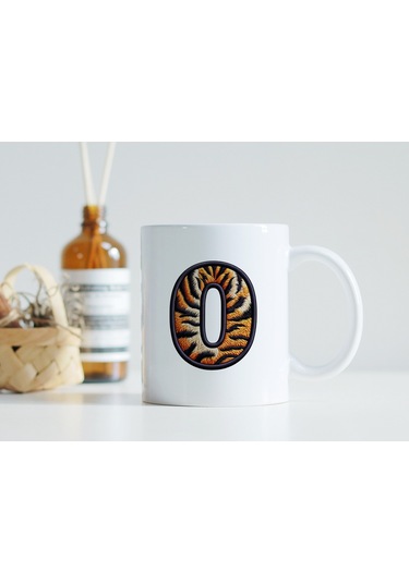 O Harfi Kaplan Figürlü Nakış Desenli Kupa Bardak - Kişiye Özel Vahşi Hayvan Desenli Kupa - Hediye Beyaz