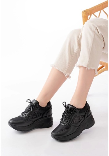 F-185 Siyah Günlük Bağcıklı Taş Aksesuarlı Yazlık Spor Ayakkabı Siyah