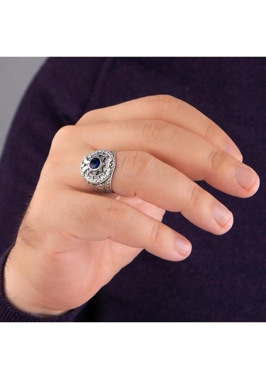 Çift Başlı Kartal Motifli Ay Yıldız Detaylı Mavi Taşlı 925 Ayar Gümüş Polis Yüzüğü