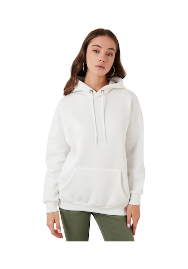 Lela Regular Fit Pamuklu Kapüşonlu Yaka Şardonlu Kışlık Bayan Sweat 5863854 Ekru