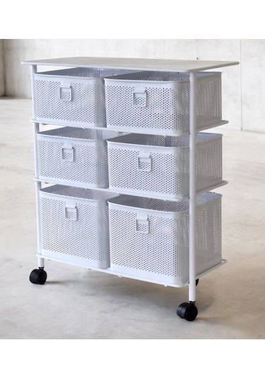 Metal Tekerlekli Paslanmaz Sebzelik 6 Bölmeli 3 Katlı Beyaz Beyaz