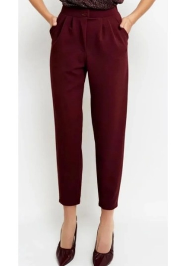 Çift Düğmeli Havuç Model Bilek Boy Kadın Kumaş Pantolon Bordo