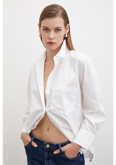 Never More Varaklı Poplin Gömlek Beyaz Beyaz