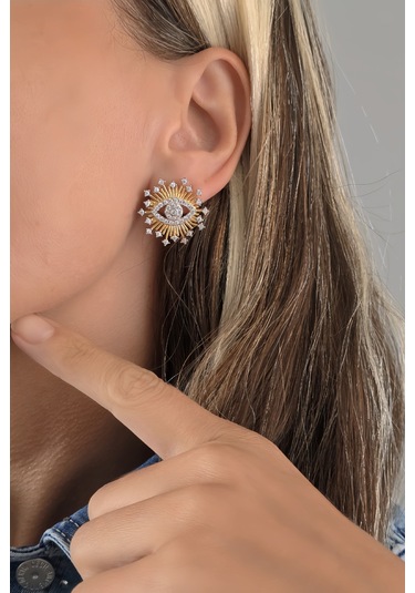 Güneş Göz Figür Nazar Altın Kaplama Çelik Küpe Gold