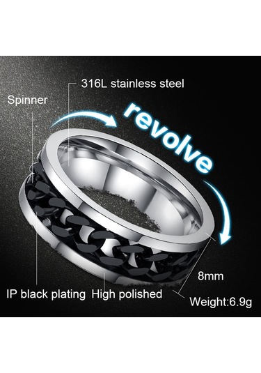 Punk Rock Stainless Steel Rotatable Chain Rings, Ring Size:8 Silver Çok Renkli