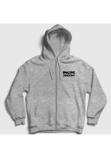 Presmono Unisex Logo V2 Imagine Dragons Fermuarlı Kapüşonlu Sweatshirt Gri Melanj