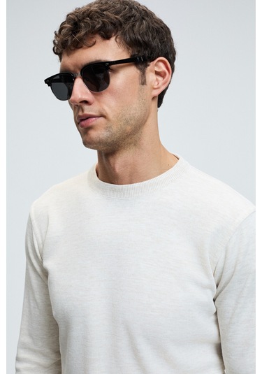 VAREX Erkek Yuvarlak Yaka Basic Slim Fit Triko Ekru Kazak