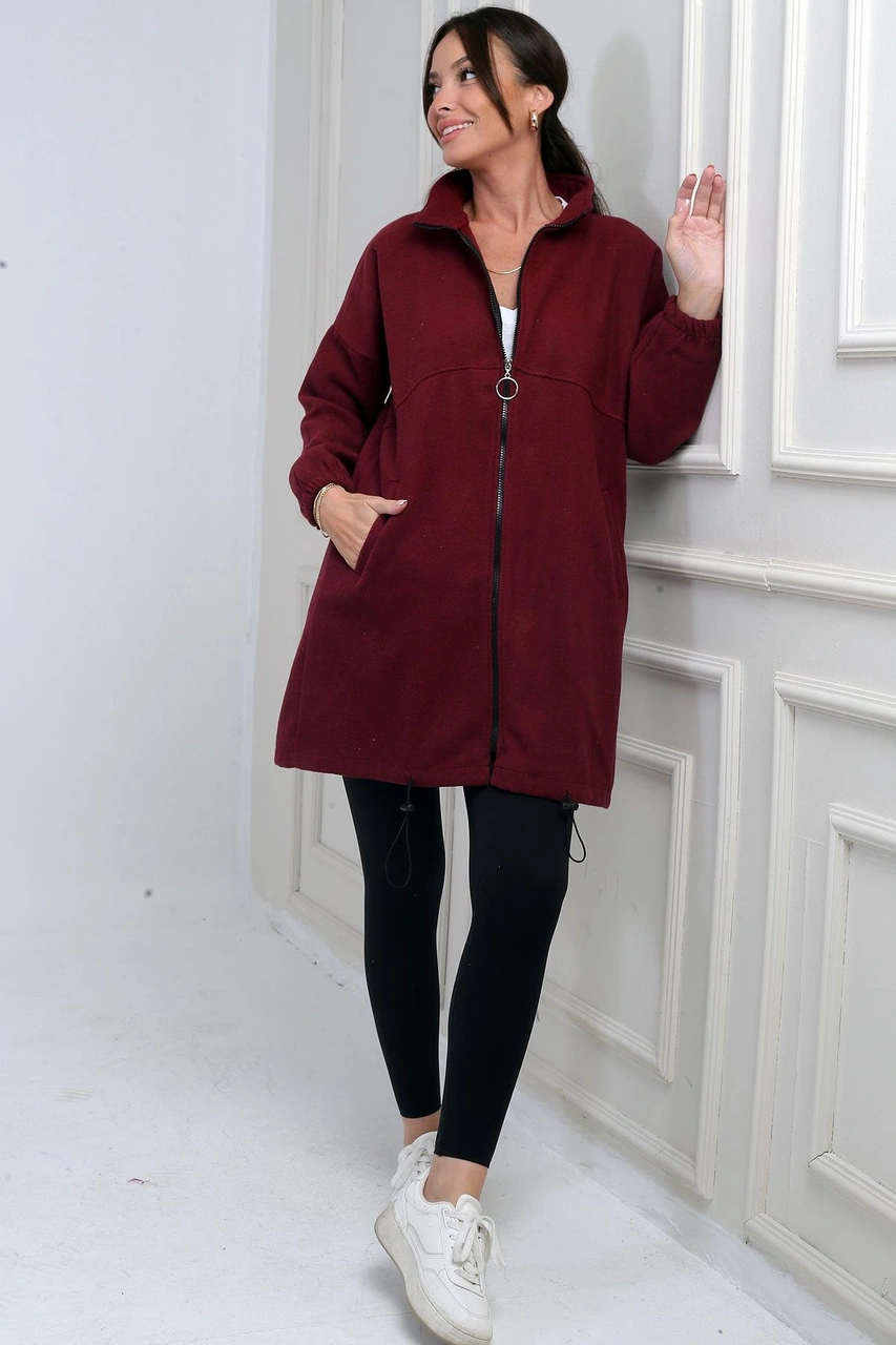 Kadın Önü Fermuarlı Altı Lastikli Cepli Uzun Kaşe Mont-41910 Bordo