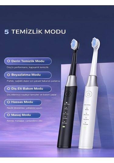 Deanb 500mah Titreşimli Elektrikli Diş Fırçası 5 Modlu 4 Yedek Başlık Siyah