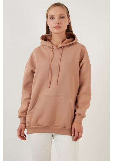 Lela Regular Fit Pamuklu Kapüşonlu Yaka Şardonlu Kışlık Bayan Sweat 5863854 Bisküvi