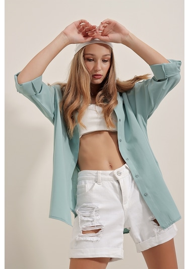 Bigdart 3900 Oversize Uzun Basic Gömlek - Su Yeşili 001