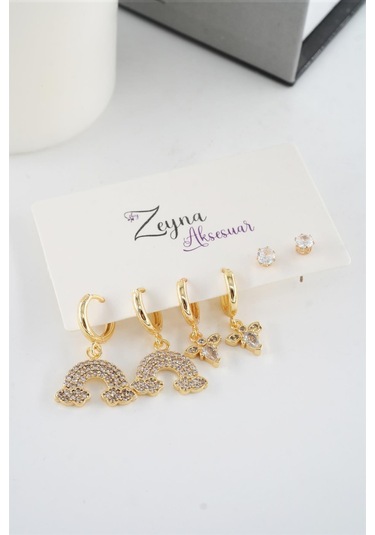 Kadın Vip Seri Baget Zirkon Taşlı Gökkuşagı Model 6'lı Küpe Seti