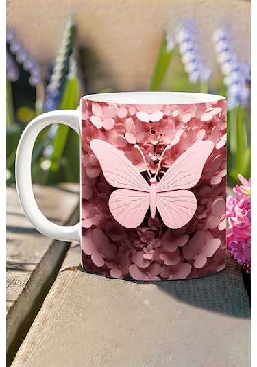 3d Görünümlü Pembe Çiçek Ve Kelebekler No:21 3d Tasarım Baskılı Kupa Bardak Mug Altın
