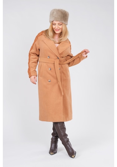 Giyim Dünyası Kadın Kolları Triko Örgü Detaylı Bel Kuşaklı Kaşe Kaban Camel 001