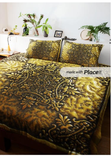 Eskitme Motif Çift Kişilik Nevresim Takımı Pamuk Saten 240 260 Cm Altın Sarısı