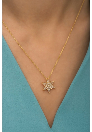 Ervanur Altın Kaplama Beyaz Taşlı Lotus Çiçeği Kadın Kolye Beyaz