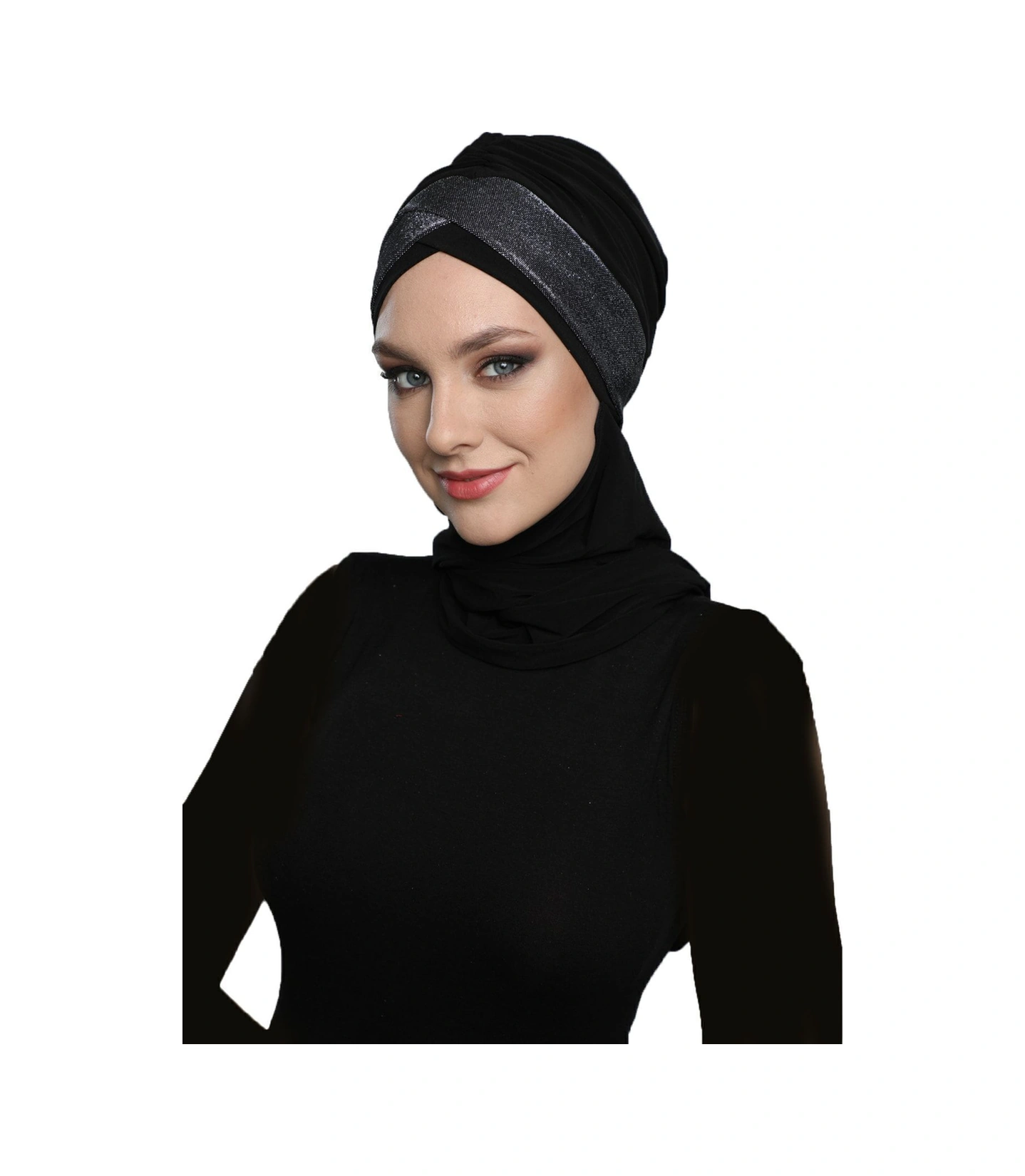 Çapraz Pike Atkılı Astarlı Siyah-gümüş Hazır Türban Tesettür Bone Siyah-gümüş