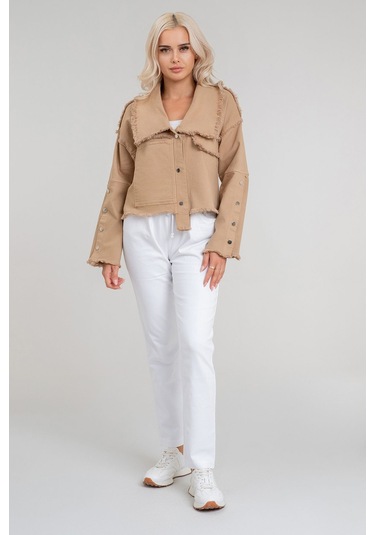 Kadın Power Likralı Pamuklu Kumaş Kol Ve Önü Çıt Çıtlı Pis Dikişli Mont CAMEL Camel