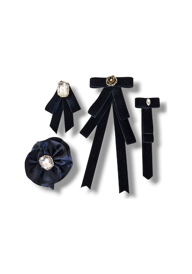 4 Lü Kadife Broş Set,yaka İğnesi, Yaka Cicegi ,gül Broş Siyah