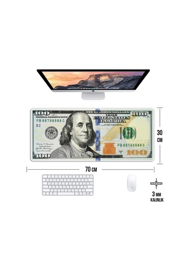 Dolar Baskılı Oyun Gaming Klavye Mouse Pad Kaymaz Taban Kenarları Dikişli Su Geçirmez Masa Matı 70x30 Cm