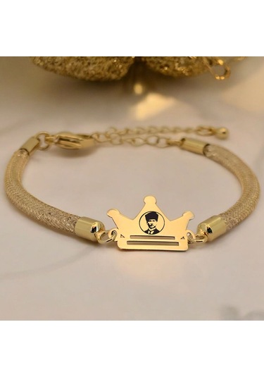 Archin Atatürk Temalı Taç Figürlü 14 Ayar Altın Plakalı Hasır Kordonlu Hediye Bileklik-464sembol Atatürk Sembolü