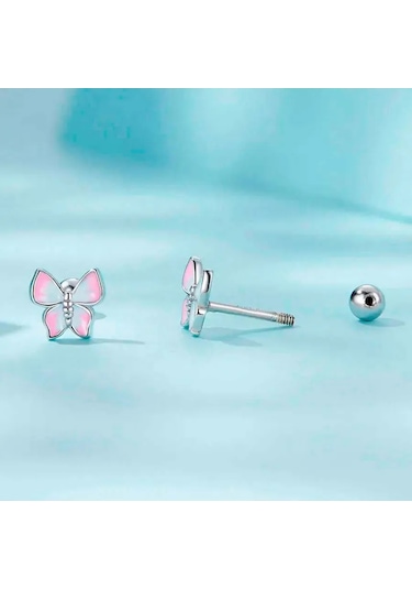 Bamoer Kelebek Desenli Pembe Emaye Gümüş Küpeler 291696414 Diğer
