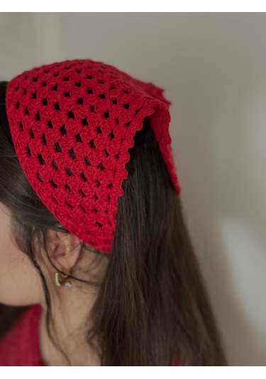 Kadın El Örgüsü Üçgen Bandana Saç Aksesuarı Kırmızı