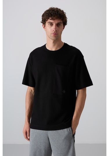 Tommy Life Siyah Pamuklu Kalın Yüzeyi Dokulu Oversize Fit Basic Erkek T-shirt - 88341 001