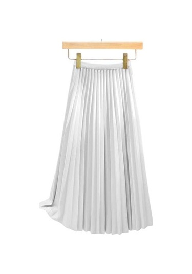 Kadın Pileli Etek Elastik Yüksek Bel A Kesim Uzun Etek Düz Renk Rahat Kumaş Çok Yönlü Etek Günlük Giyim Beyaz