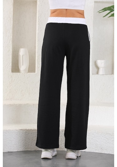 Kallima Siyah Beyaz Kemerli Mevsimlik Bol Paça Kadın Eşofman Altı Siyah