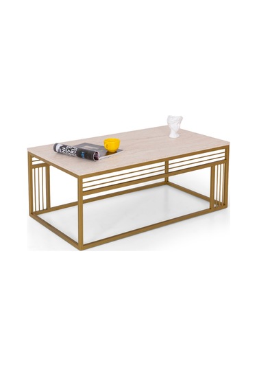 Milano Lüks Orta Sehpa Metal Ayaklı Traverten Üst Tablalı Dikdö Altın