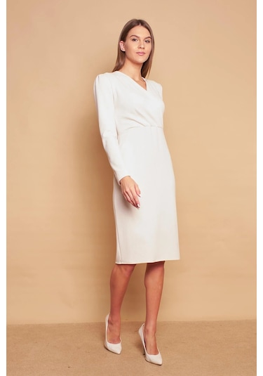 Kruvaze Anvelop Uzun Kol Hafif Likralı Triko Elbise-şampanya Şampanya