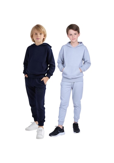 2'li Kanguru Cepli Kapüşonlu Düz Baskısız Erkek Çocuk Eşofman Takımı Lacivert - Gri