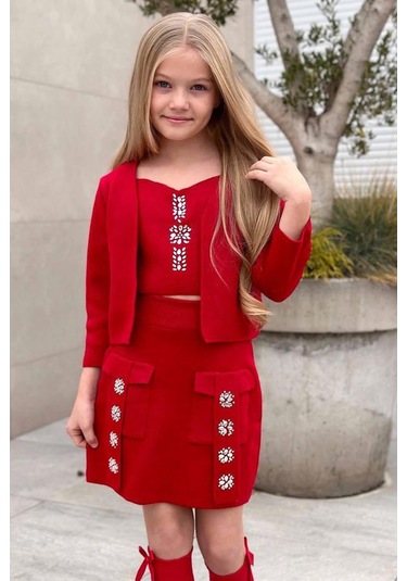 Riccotarz Kız Çocuk Askılı Bluz Hırka Ve Elmas Taş İşlemeli Cepli Bordo Triko Etekli Takım Bordo