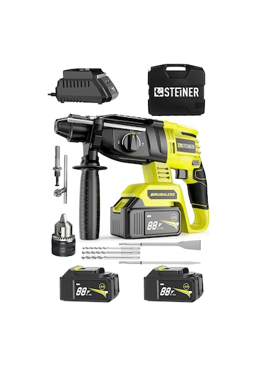 Steiner 88V 5Ah Çift Akülü Darbeli Kırıcı Delici Matkap Sarı + Mandren + 5 Parça Uç