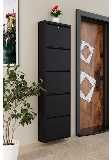 Kilitli 5 Kapaklı Metal Ayakkabılık Siyah Siyah