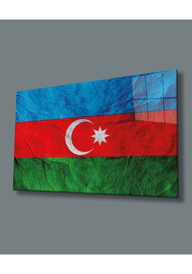 Es10 Es10 Dokulu Azerbaycan Bayrağı Cam Tablo, Uv Baskılı ve Temperli, Hediyelik