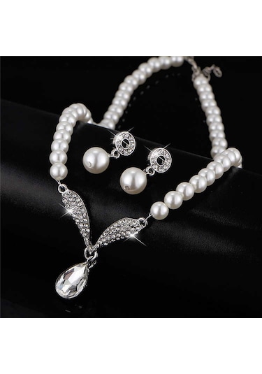 Taşlı İnci Takı Seti Kolye, Bileklik, Küpe 18 Gp Sevgililer Günü