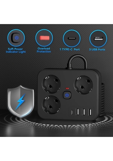 Motion003 7si 1 Arada Guc Seridi 3 Ac Cikisi 3 Usb 1 Tip C Asiri Yuk Korumasi Duvara Monte Beyaz 1524cm