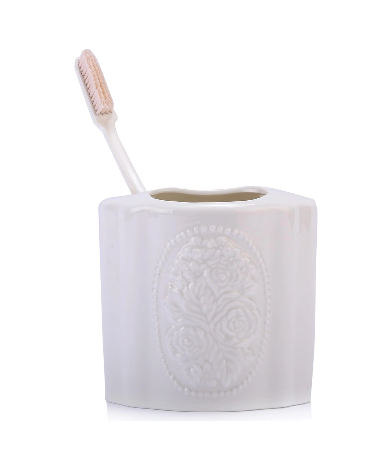 2 Adet Seramik Diş Fırçalık Çiçekli Oval Model 8x5x10cm Banyo Seti Çok Renkli