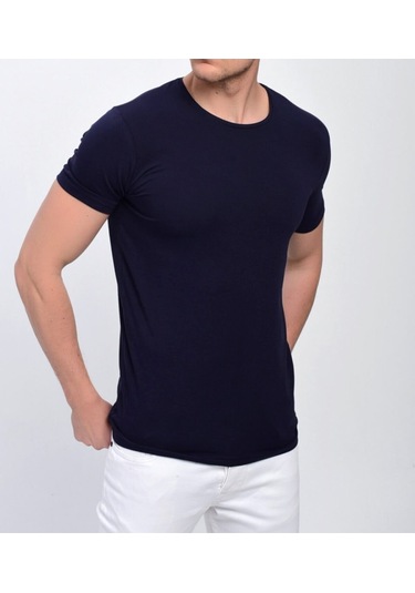 Nacar Store Erkek Siyah Bisiklet Yaka Likralı Basic T-shirt Lacivert