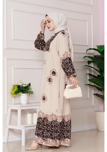 Leopar Desenli Robalı Viscon Elbise-bej-4801 Bej